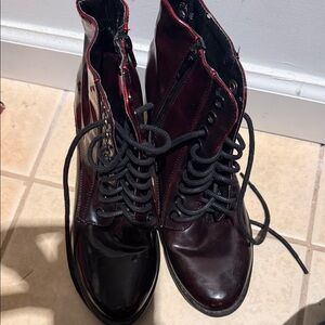 Glossy Black and Burgundy Lace-Up Boots